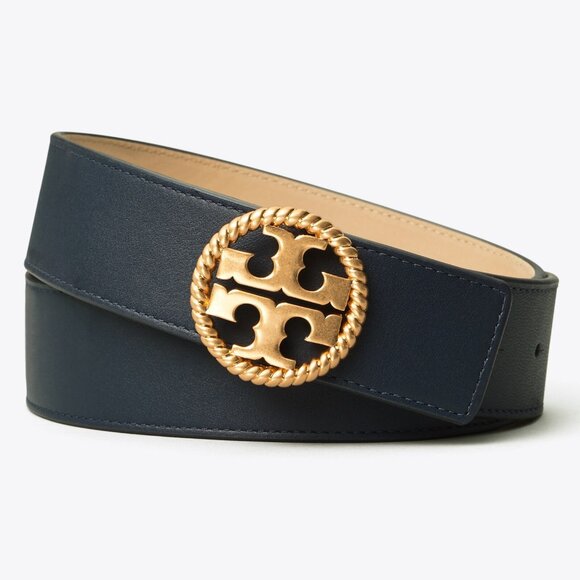 Tory Burch $198 REMOVABLE BUCKLE WIDE 1 1/2" Twisted Logo Belt Royal Navy S L - Picture 1 of 4